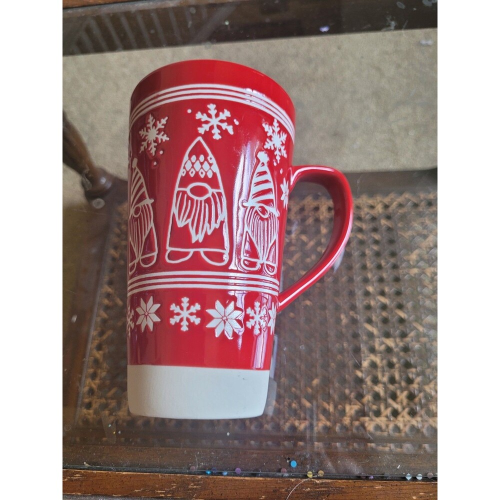 St. Nicholas Square Ceramic Travel Mug 16 fl oz Winter Gnome Snowflake Christmas